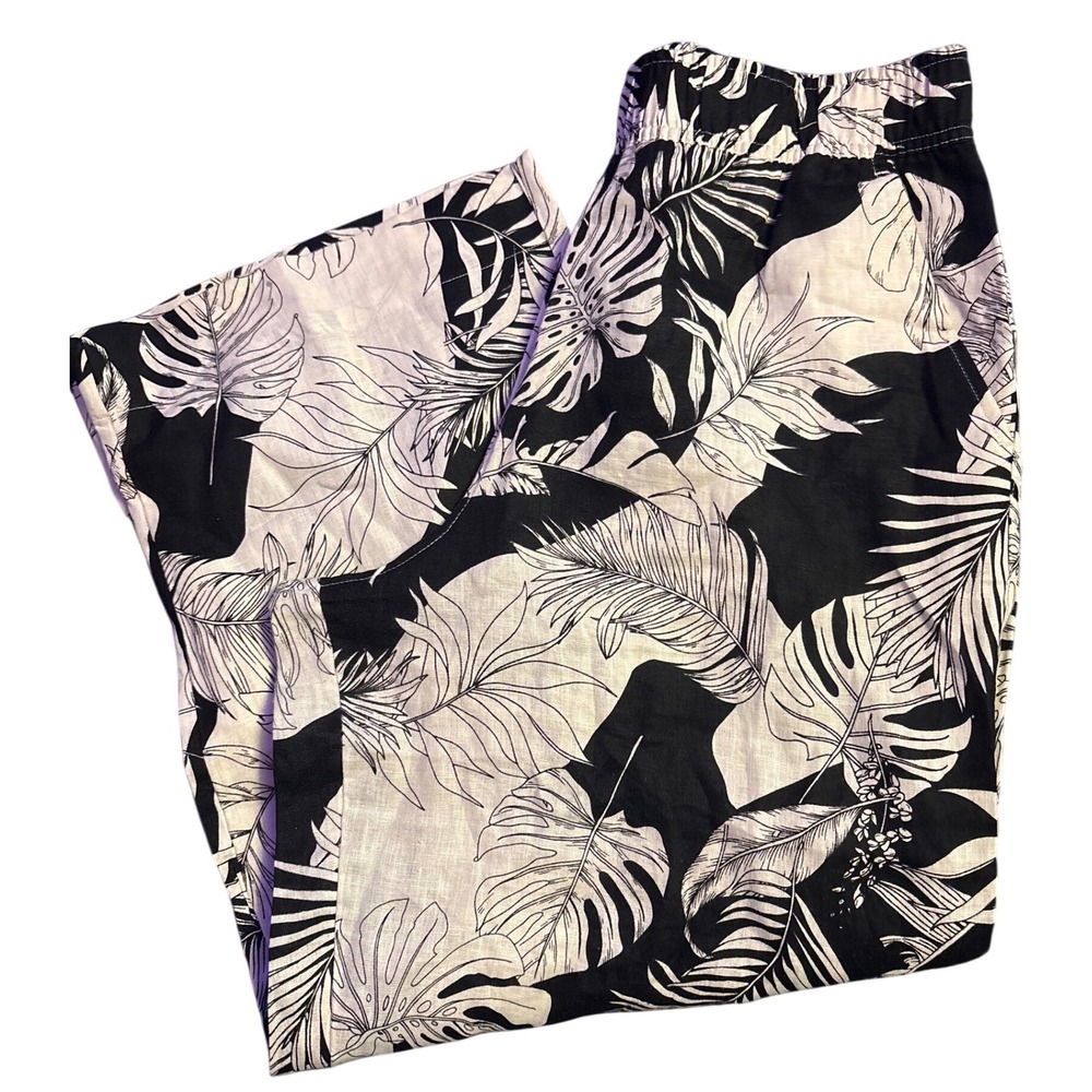 Christian Siriano Women's Black White Tropical Linen Wide Leg Crop Pants Size L